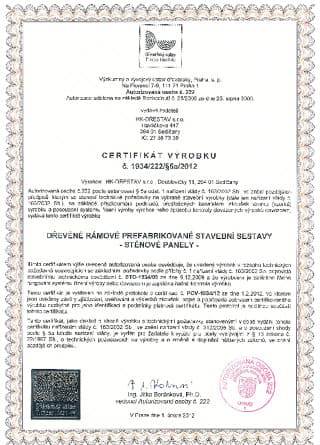 Certifikát výrobku - stěnové panely